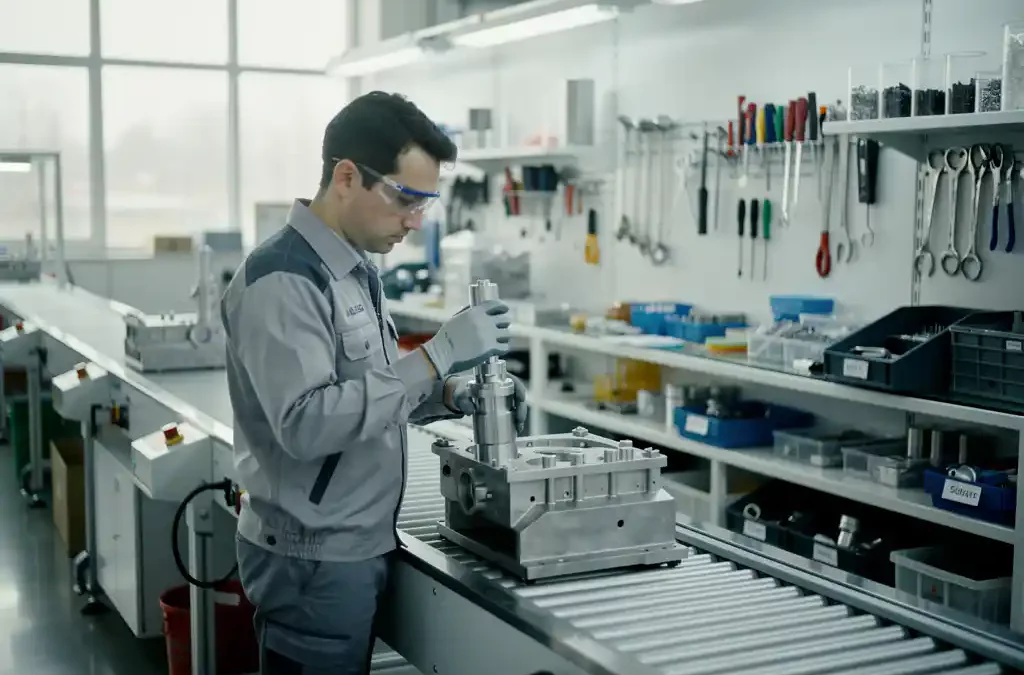 Worker inspecting machinery on a streamlined production line, surrounded by organized tools in a bright, clean factory with natural light.