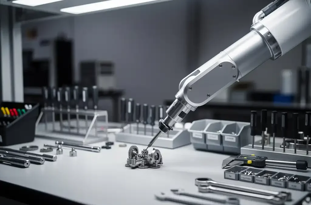 Modern manufacturing robot arm assembling part on organized workbench with tools, under soft industrial lighting, showcasing efficiency.