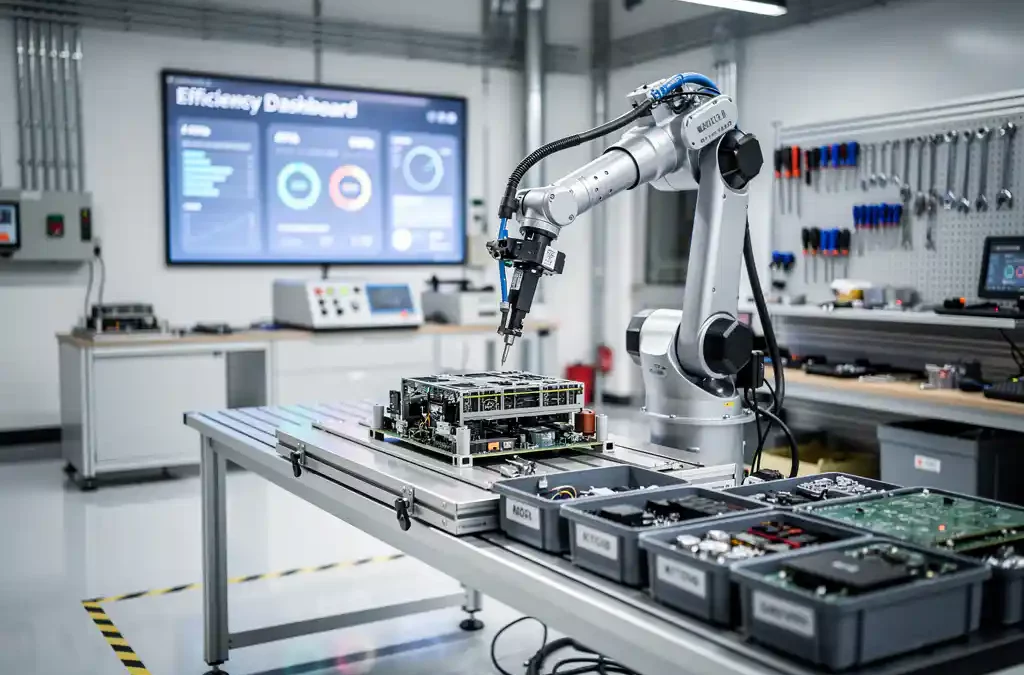 Robotic arm assembling product on high-tech manufacturing floor with digital efficiency display, tools, and soft lighting.