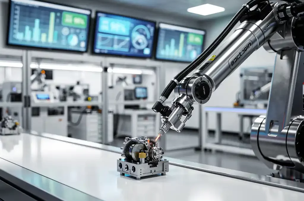 Robotic arm assembling component on modern production line with efficiency metrics on screens, highlighted by bright industrial lighting.