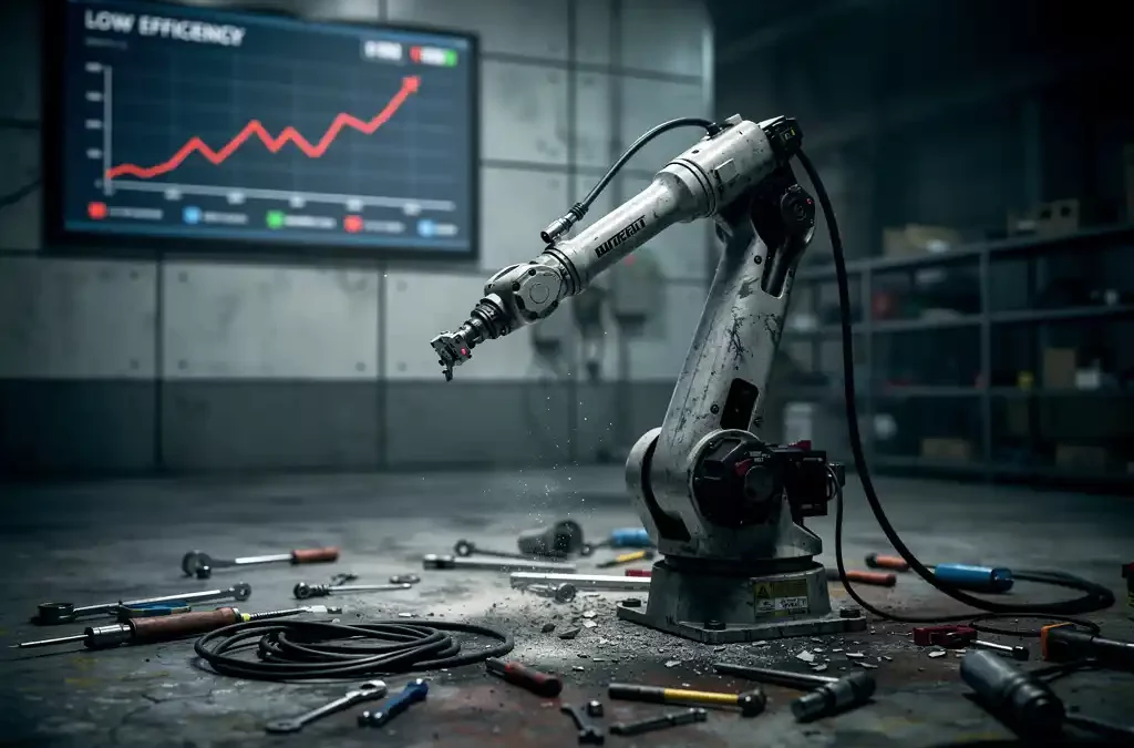 Idle robotic arm on cluttered factory floor; low efficiency graph on screen; dim lighting; photorealistic metal and concrete textures.