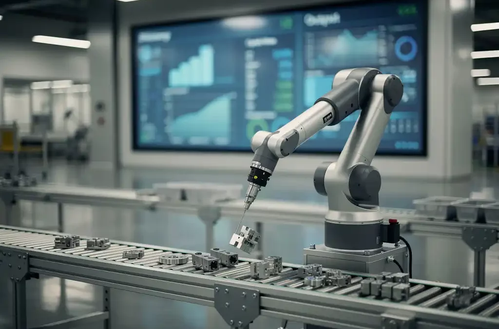 Advanced robotic arm assembling components on a conveyor belt, digital screen showing efficiency metrics, industrial lighting.