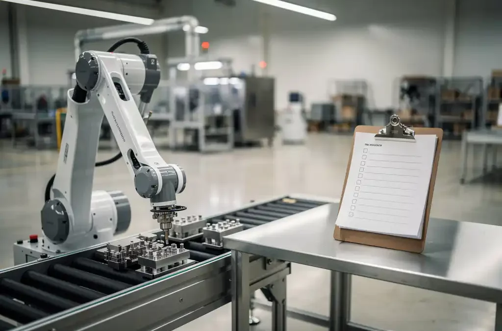 Advanced robotic arm assembling components on a modern factory floor, with a clipboard and industrial machinery in the background.