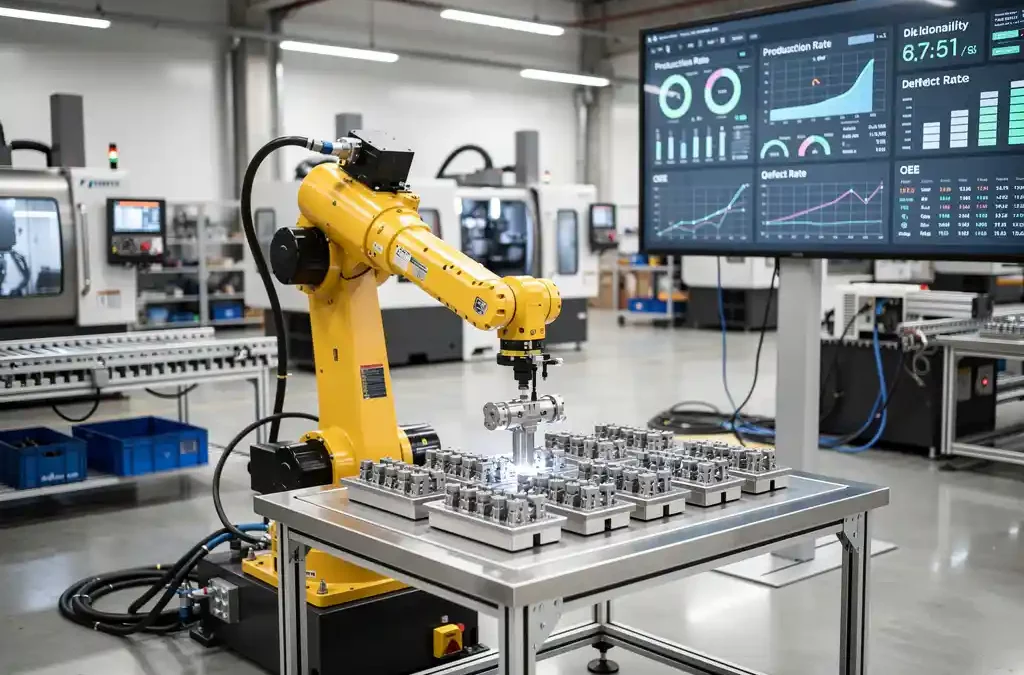 Robotic arm assembling precision components in a modern factory with real-time data screen, sleek machinery, and bright lighting.