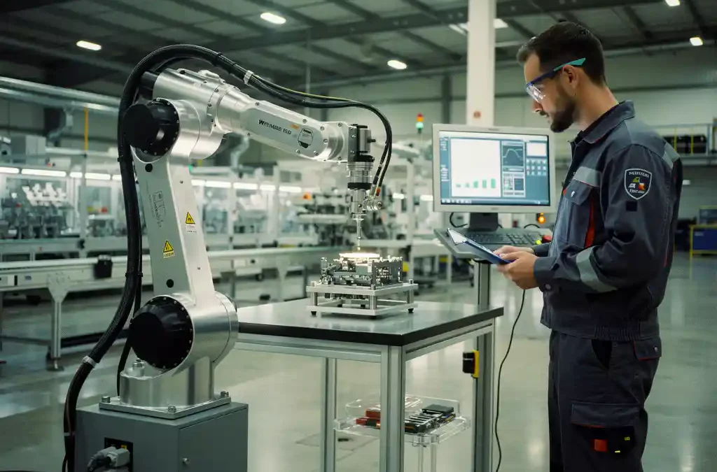 Robotic arm assembling product on factory floor with worker at control panel, polished machinery, soft lighting, photorealistic detail.