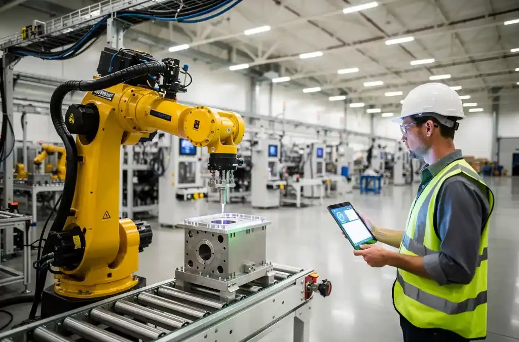 Robotic arm assembling components on a high-tech manufacturing floor, human worker with tablet, machinery in background, efficient process.