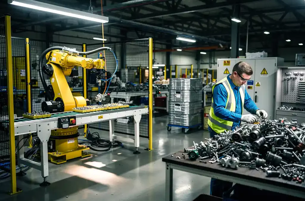 Robotic arm assembling parts on a manufacturing floor, worker sorting components, bright lighting, detailed machinery, cinematic view.