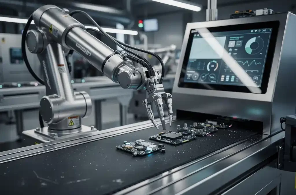 Robotic arm assembling components on a sleek production line with digital metrics display, reflecting soft overhead lights.