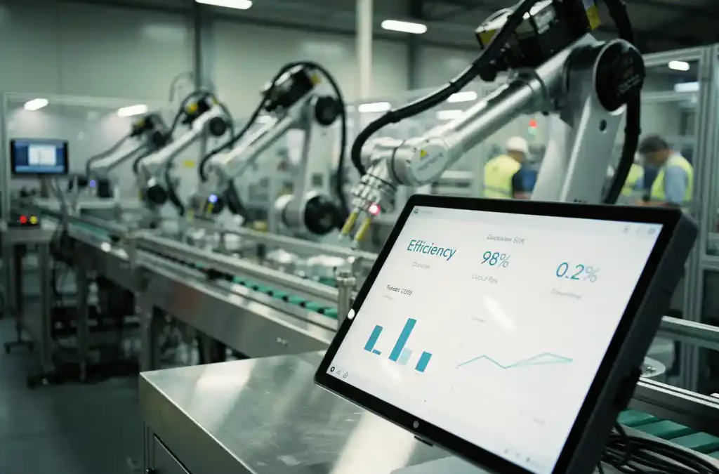 Robotic arms on a modern assembly line, digital screen with efficiency metrics, sleek machinery, cinematic depth of field.