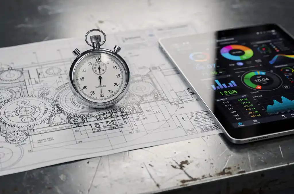 Precision stopwatch on machinery diagram with tablet showing metrics on industrial workbench, cinematic depth, photorealistic style.