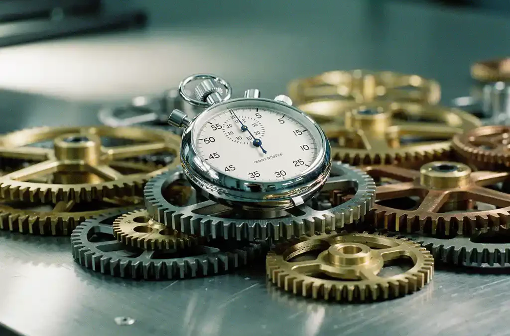 Stopwatch on gears symbolizing time management in manufacturing, set on metal workbench with industrial lighting.