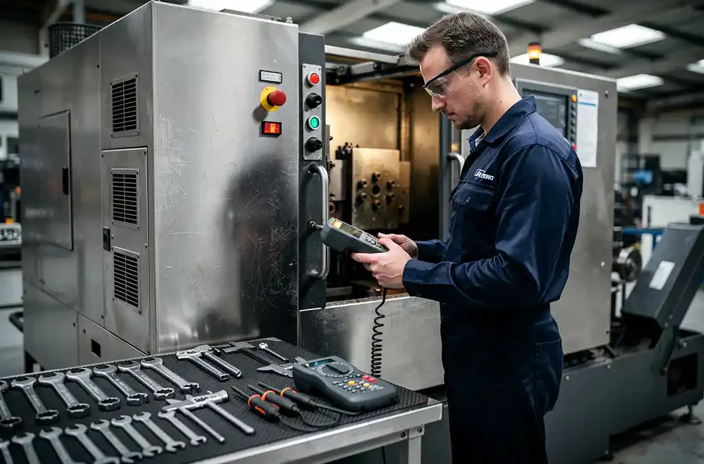 Technician using diagnostic tool on industrial machine, surrounded by organized tools, under bright factory lighting.