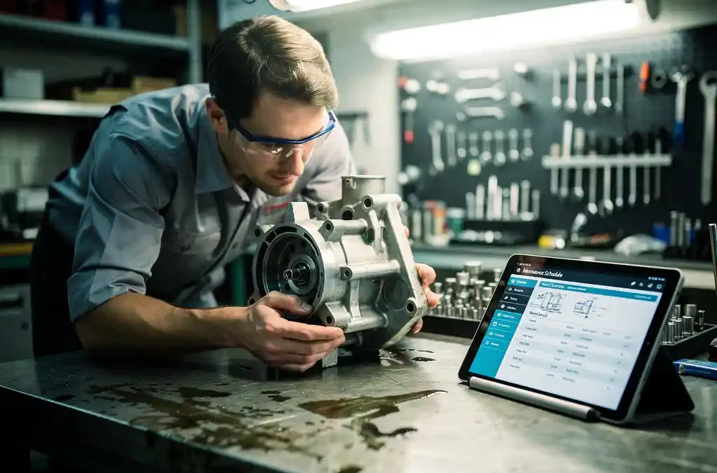 Technician inspects machine part under bright lights, digital tablet with schedules nearby, organized tools in background.