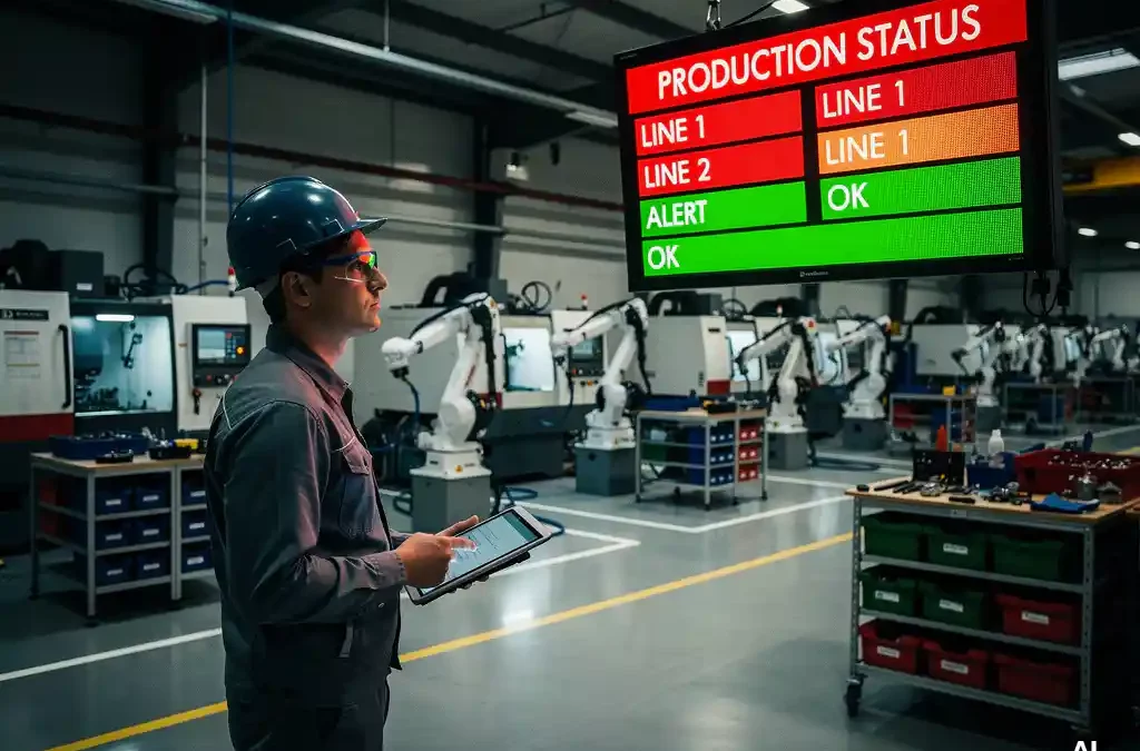 Andon board with red and green lights on a modern manufacturing floor, worker monitoring, surrounded by high-tech machinery.