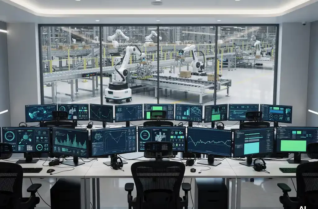 Modern control room with computer screens displaying manufacturing data, window view of factory floor with robotic arms in action.