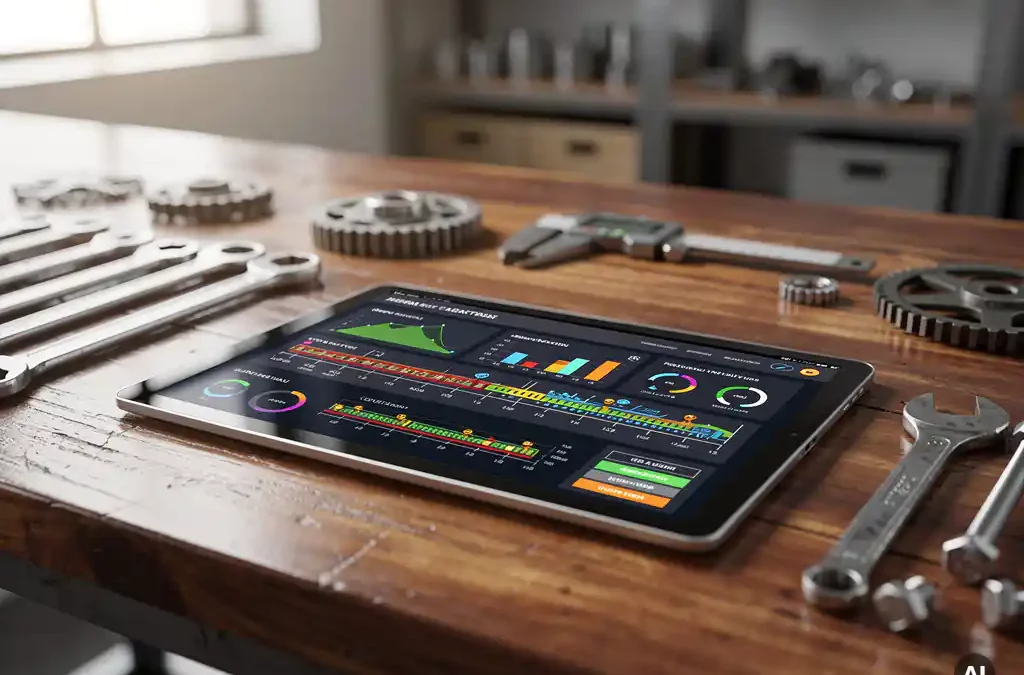 Digital tablet with interactive shopfloor dashboard on workbench, surrounded by industrial tools, soft light from window.