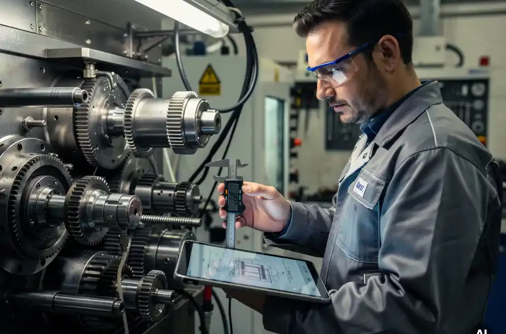 Precision engineer examining intricate machine components in factory, soft industrial lighting, cinematic depth of field.