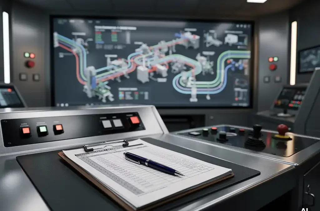 Modern factory control room with digital display of manufacturing process, clipboard on desk, ambient lighting, photorealistic details.