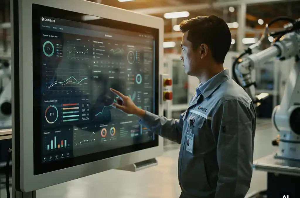 Technician using digital control panel on modern factory floor, surrounded by advanced machinery, warm lighting, photorealistic detail.
