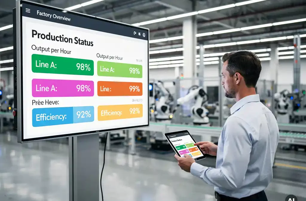 Manager with tablet observing digital display of production metrics on modern factory floor with sleek machinery and bright lighting.