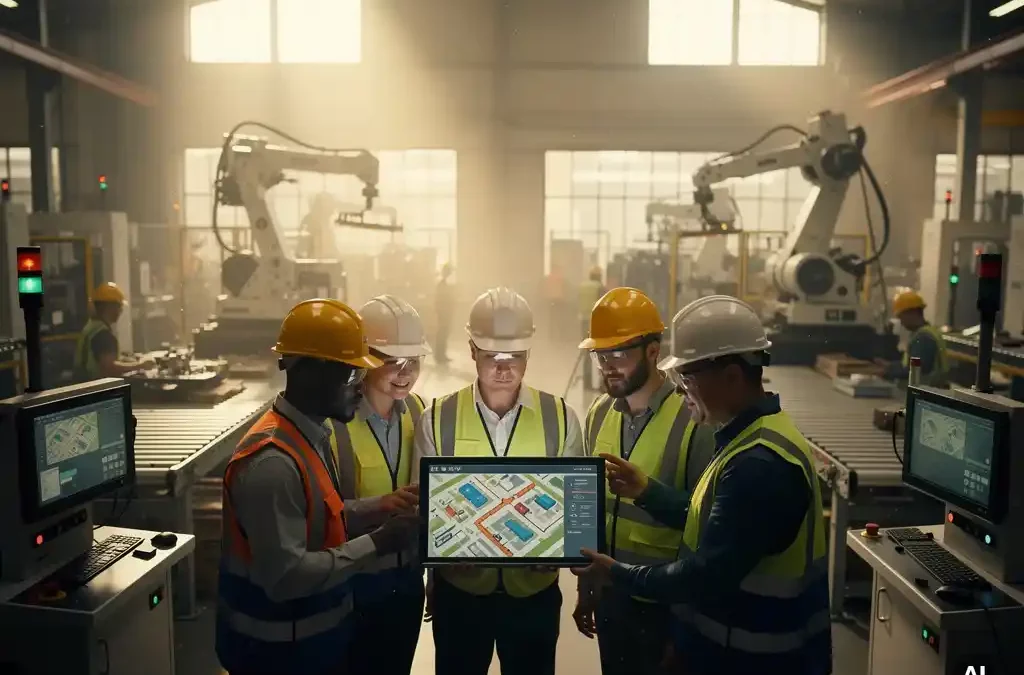 Diverse workers collaborate with digital tablet on factory floor, blending traditional machinery and robotics in natural light.