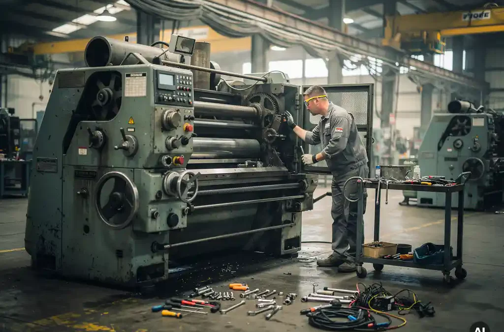 Technician examines complex machine on factory floor, surrounded by tools, amid industrial steel beams and machinery.