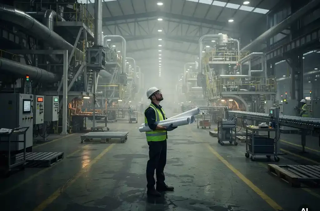 Worker in reflective vest holds blueprints on a vast factory floor with towering machinery and industrial lighting casting shadows.