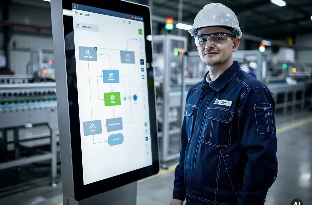 Factory operator with touchscreen interface, workflow diagram visible, surrounded by machinery, industrial lighting, photorealistic detail.