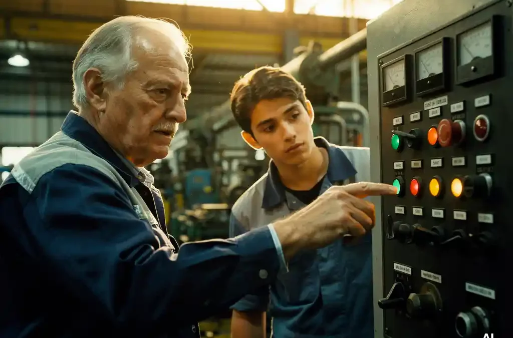 Experienced factory operator instructs young worker on control panel, industrial machinery, warm light, 35mm film detail.