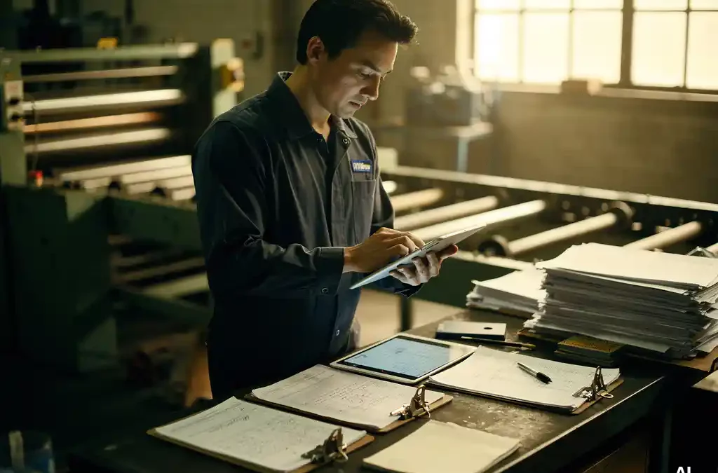 Factory worker using tablet amidst paper forms, industrial machinery blurred in background, warm light through factory windows.