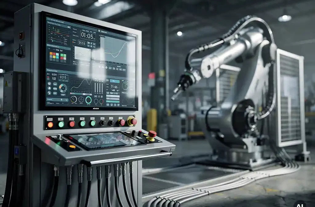 Industrial control panel with digital screens, machine arm in background, cables, factory lighting, cinematic depth, high-resolution.