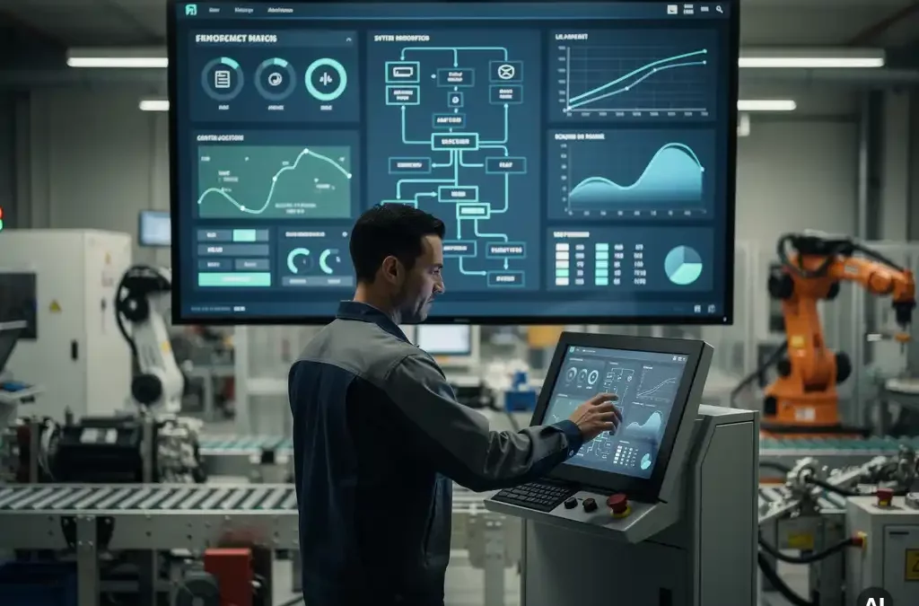 Technician uses touchscreen in modern control room with digital dashboard, mechanical components, ambient lighting, cinematic depth.