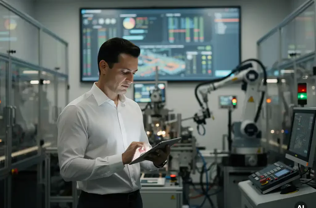 Engineer analyzing production dashboard on tablet in modern control room with high-tech machinery and robotic arms in background.