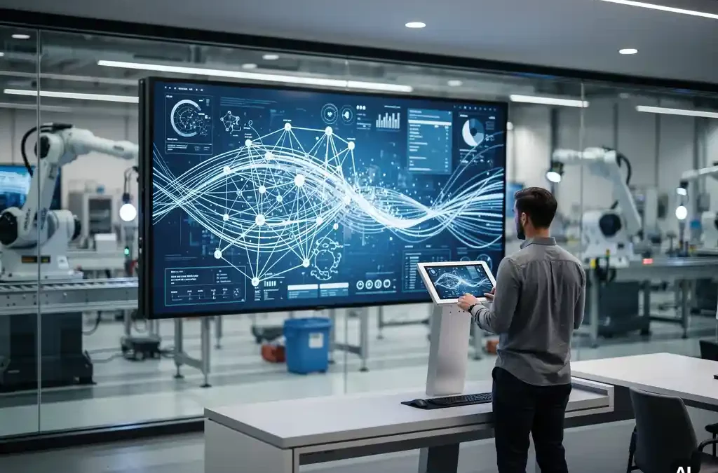 Engineer analyzing digital data nodes on screen in modern control room, factory floor visible through glass wall, cinematic depth.