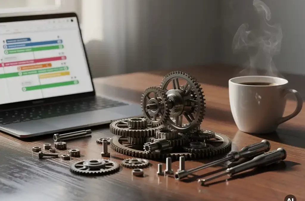 Intricate mechanical gear on cluttered desk, laptop with complex project timeline, steaming coffee, soft window lighting, photorealistic.