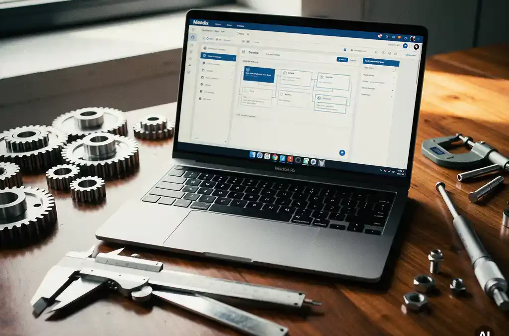 Modern laptop with Mendix interface on workbench, surrounded by manufacturing tools, soft natural light, cinematic detail.