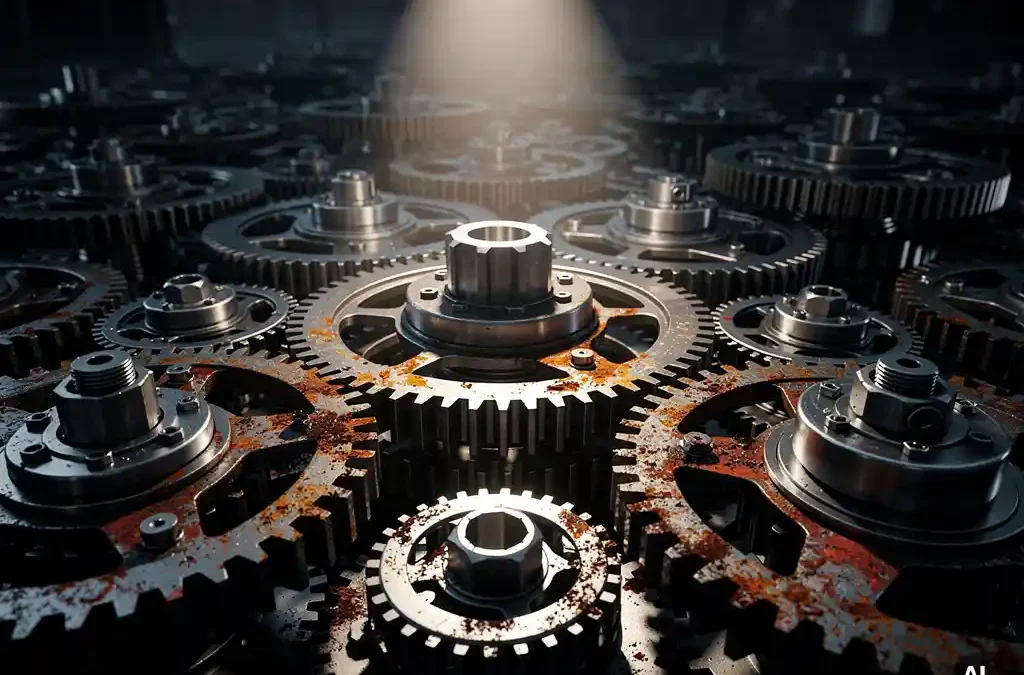 Intricate network of gears symbolizing MES challenges, with a spotlight creating dramatic shadows, highlighting textures and contrasts.