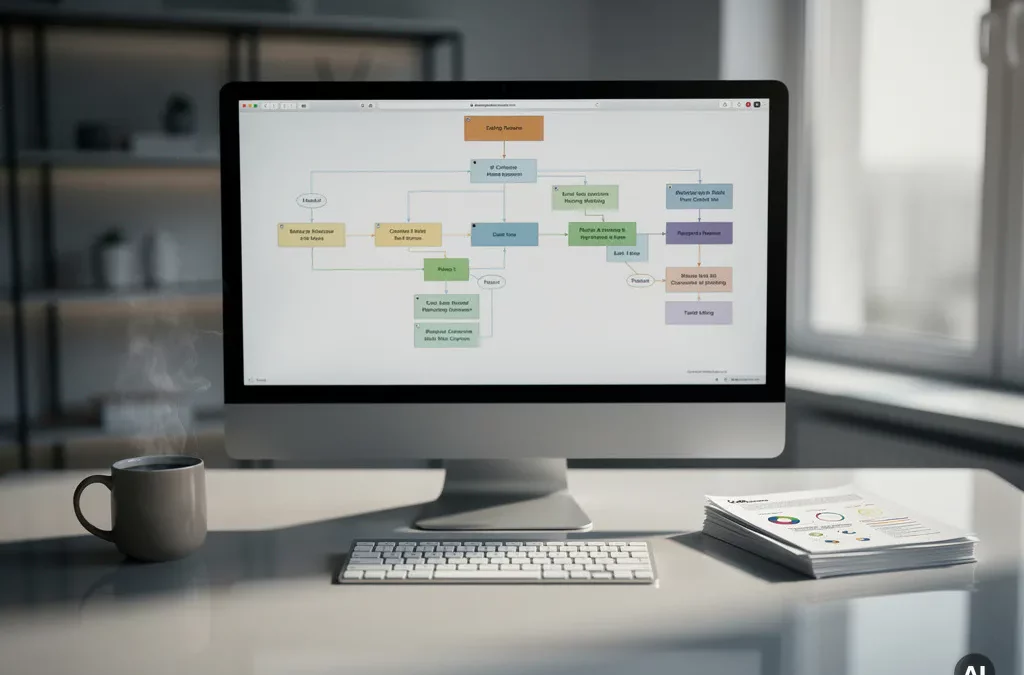 Modern office desk with high-tech computer displaying complex flowchart, organized papers, steaming coffee, natural light through window.