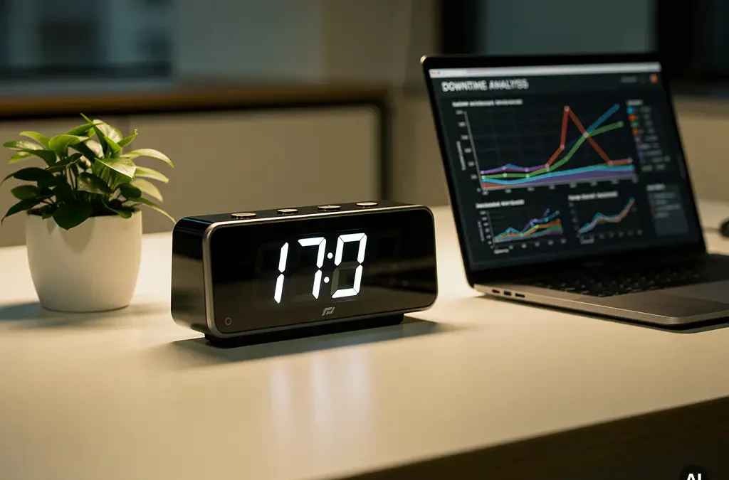 Modern office desk with digital clock, laptop displaying downtime graph, potted plant, ambient lighting, eye-level view, 35mm film.
