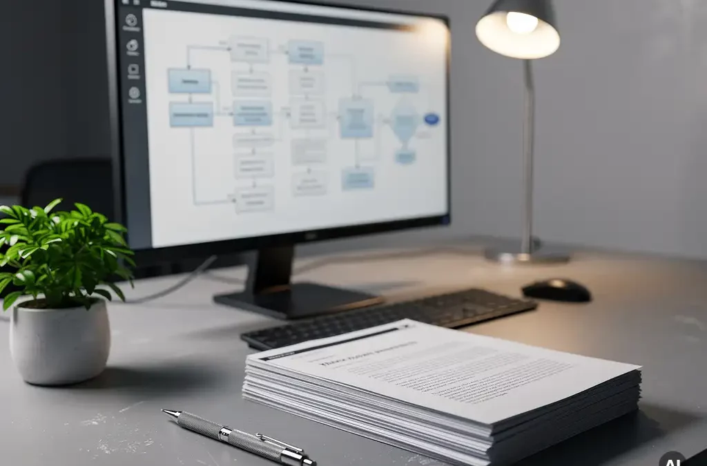 Modern office desk with computer monitor displaying flowchart, organized documents, mechanical pencil, and potted plant, soft lighting.