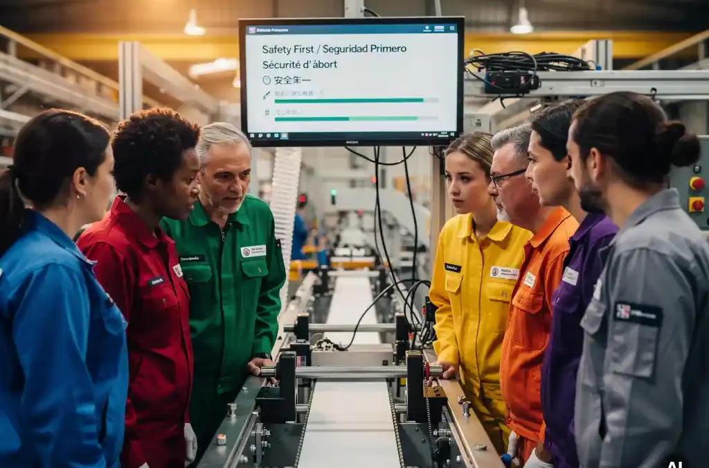 Diverse factory workers in colorful uniforms collaborate at a workstation with multilingual instructions on a digital screen.