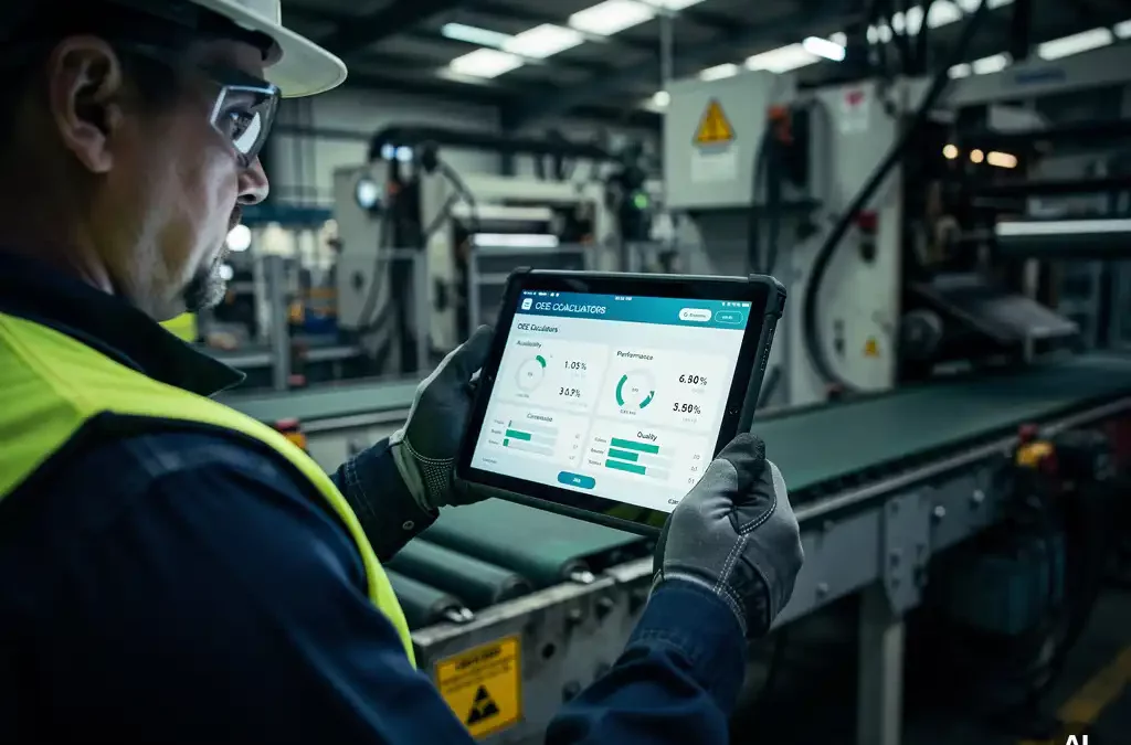 Worker holding tablet with OEE calculator in factory, machinery in background, glowing screen under cool fluorescent lighting.