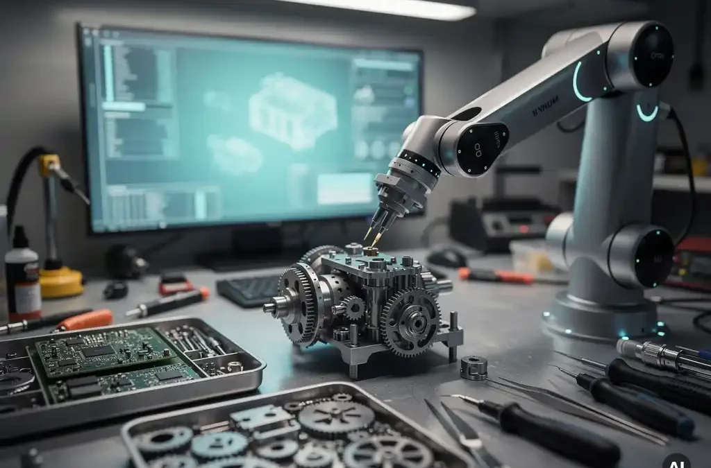 Robotic arm assembling machinery on workbench with high-tech components, glowing digital interface, and cinematic depth of field.