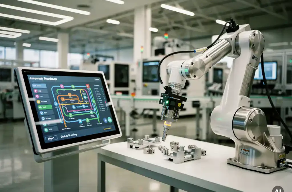 Robotic arm assembling components on modern factory floor with digital control panel and industrial machinery, shot on 35mm film.