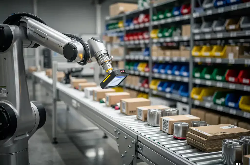 Robotic arm with QR scanner on modern manufacturing floor, conveyor belt with products, organized shelves, soft lighting reflections.