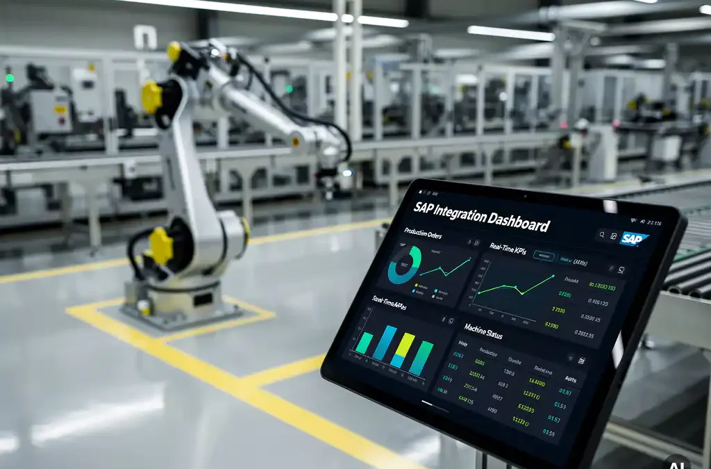 Robotic arm in motion on modern factory floor with SAP data screen, industrial machinery, and polished surfaces in soft lighting.