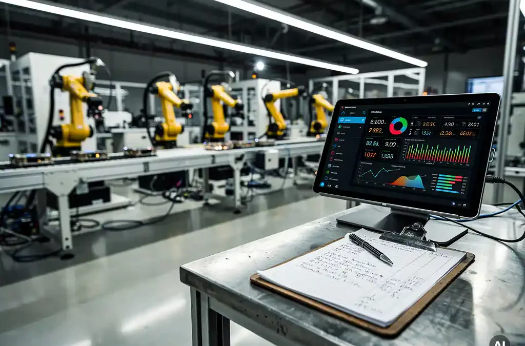 Robotic arms on modern factory floor assembling products, digital tablet with analytics, clipboard with notes, industrial lighting.