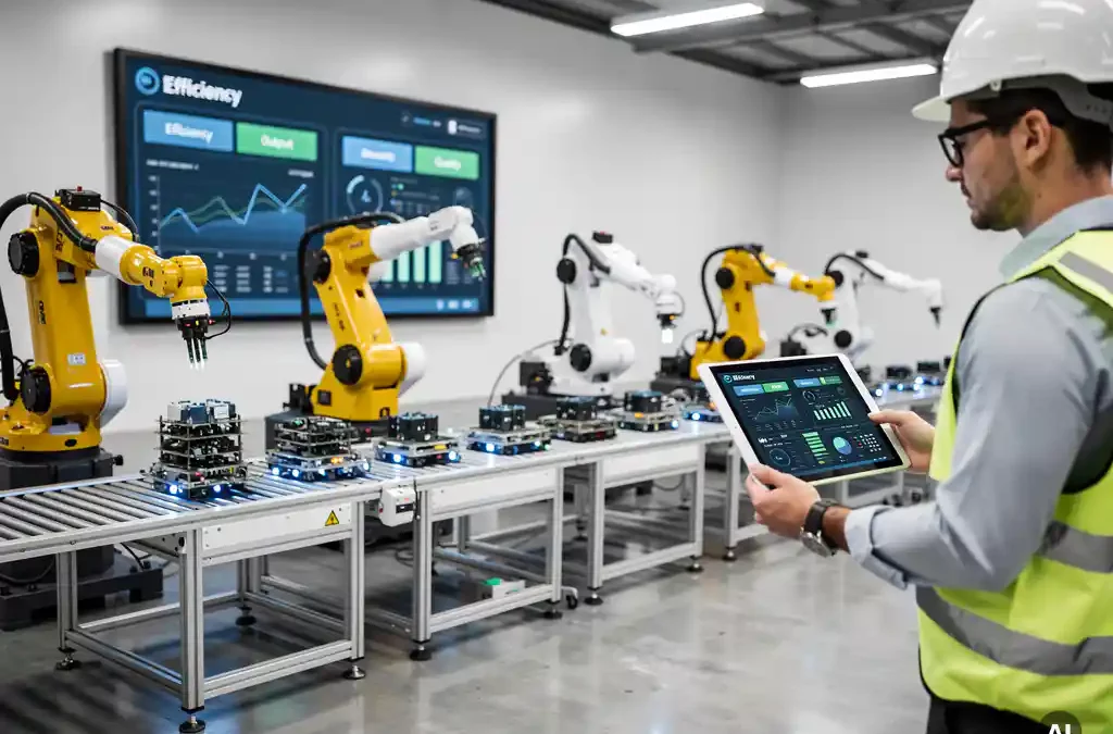 Robotic arms assemble products on a modern factory floor as an engineer with a tablet observes performance metrics on a digital display.