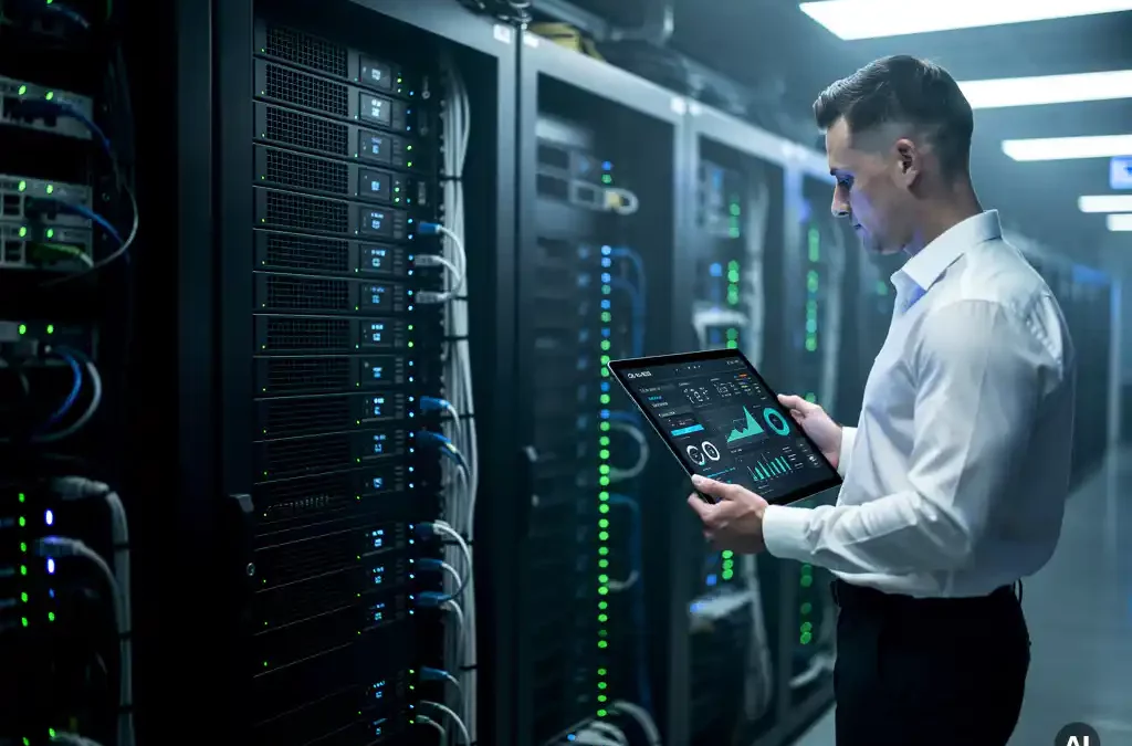 Modern server rack with glowing LEDs in dim data center, engineer in white shirt examines tablet, blue and white lighting highlights details.