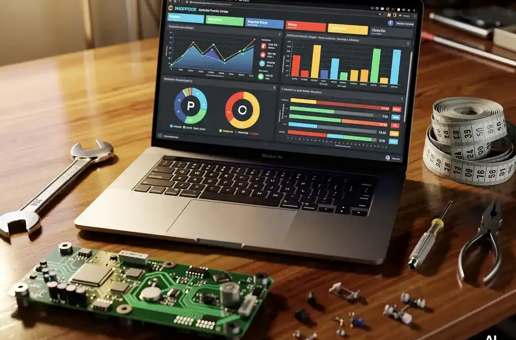 Laptop with shopfloor software on workbench, surrounded by tools and circuit board, under soft lighting, cinematic depth.